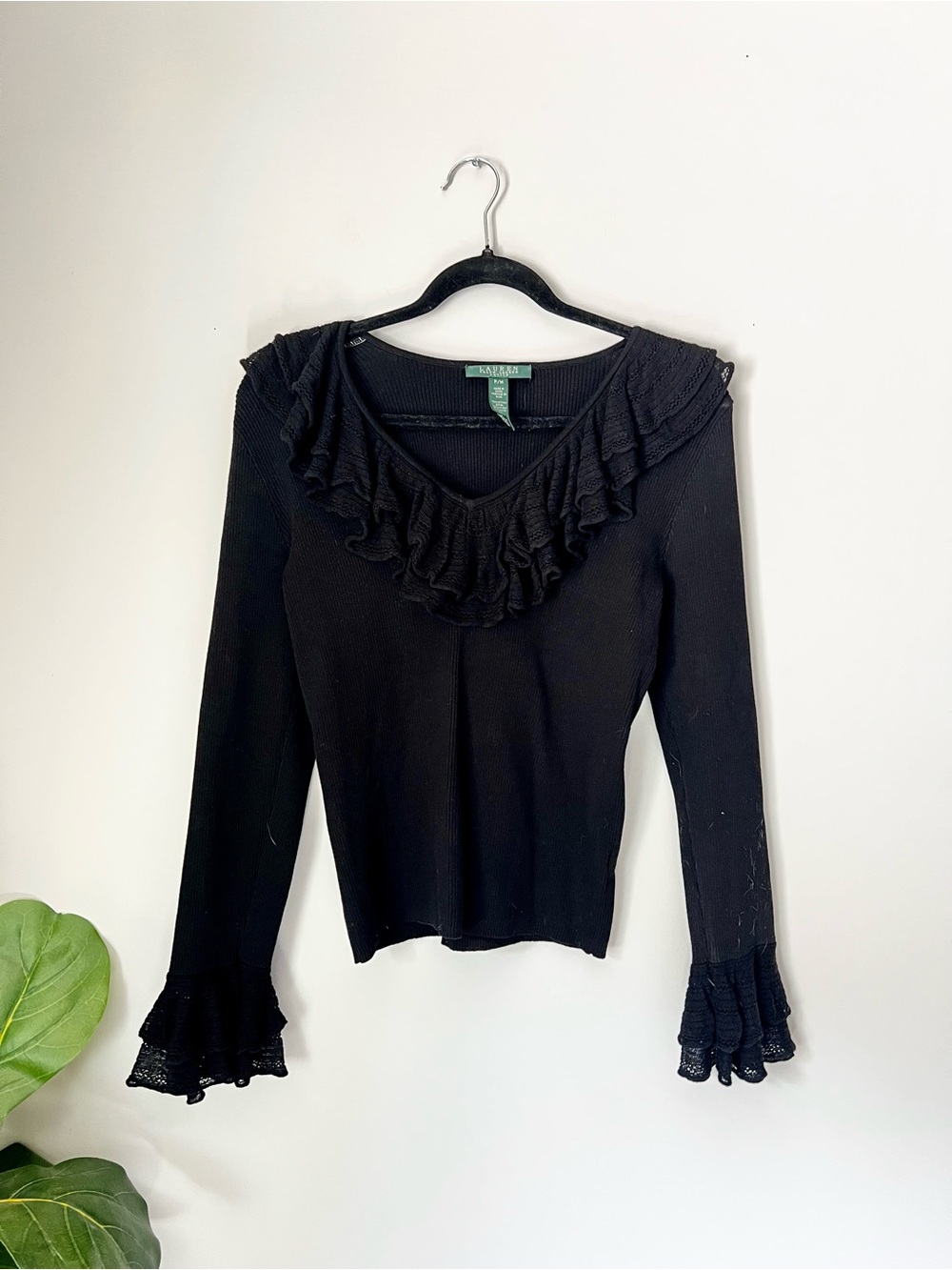 Lauren Ralph Lauren Black Ruffled V-Neck Long Sleeve Top